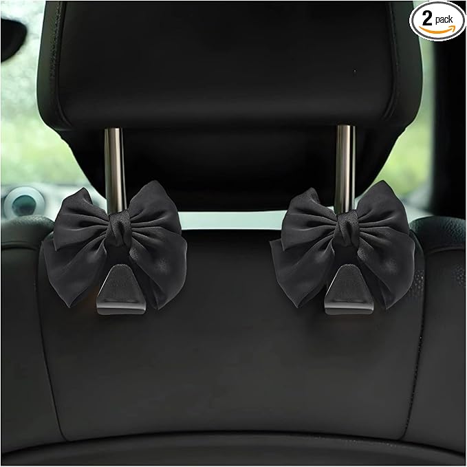 2 PCS Car Back Seat Headrest Hooks, Cute Bow Vehicle Backseat Storage Headrest Hanger, Car Organizer Hooks for Handbag Clothes Grocery Bags, Car Interior Accessories