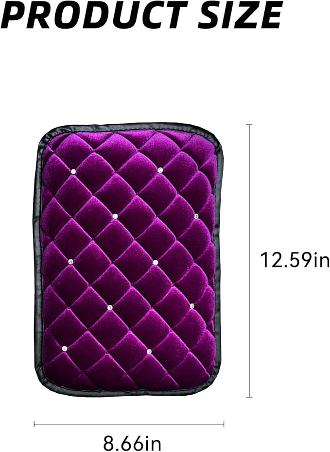 Bling Car Armrest Cover, Crystal Rhinestone Fluffy Automotive Armrest Seat Box Cushion Pad, Soft Comfortable Diamond Car Center Console Cover, Universal Vehicle Accessories (Purple)