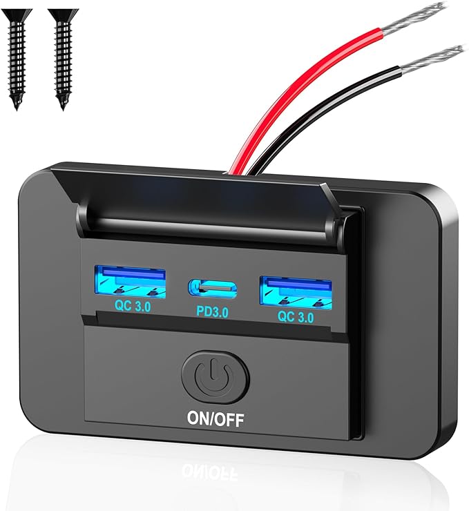 72W 12V USB Outlet Panel Wall Mount, 36W USB C and Dual QC 3.0 18W Car USB Port Charger Socket with Button Switch, Waterproof 3 USB Multi Port Power Outlet DIY 12V Accessories for Car Bus RV Truck