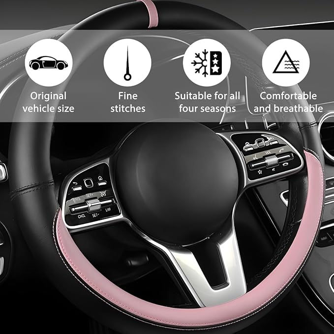 Car Steering Wheel Cover, 15 Inch Leather Anti-Slip Breathable Vehicle Steering Wheel Protector, Automotive Interior Protection Accessories, Universal for SUV Sedan Truck (Black/Pink)
