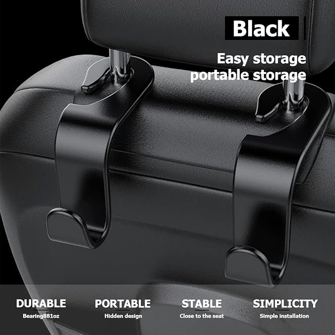 Car Seat Headrest Hook, 4PCS Multifunctional Auto Backseat Hangers, Universal Car Interior Accessories, Vehicle Storage Organizer for Purse, Coat, Umbrella, Grocery, Bag, Handbag (Black)