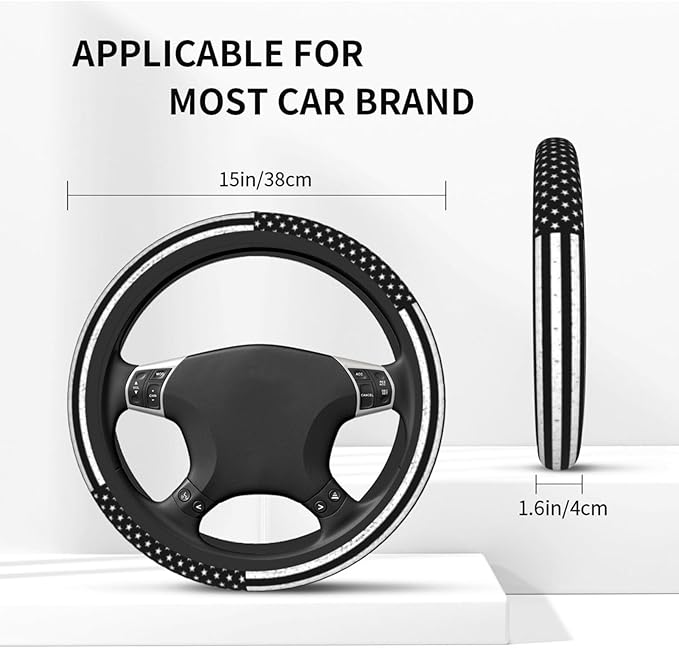 Black American Flag Vintage Steering Wheel Cover American Flag Steering Wheel Cover Anti-Slip Breathable Universal for 15 Inch Car Wheel Cover with 2 Pieces Car Coasters Suitable for Men Women