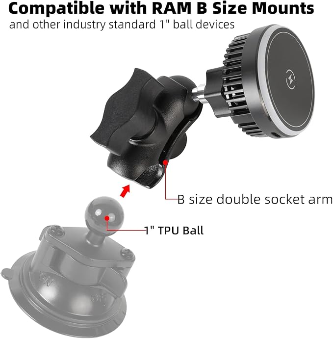 15W Magnetic Wireless Charging Phone Holder Base for RAM Mounts - TEC and Fan Dual Cooling - 1" (25mm) Ball Mount with Short Aluminum Arm, Compatible with Magsafe iPhone 17/16/15/14/13/12 Series