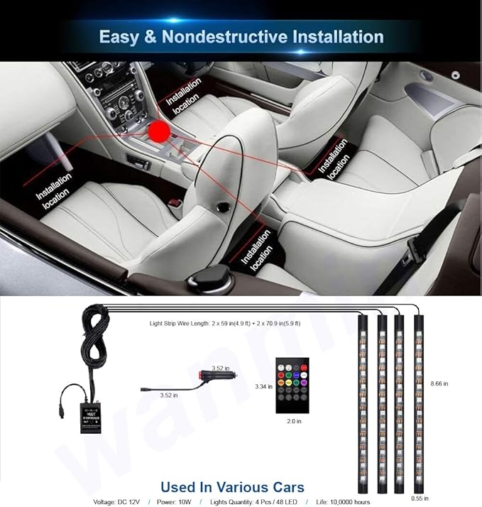 Led Interior Car Lights, Controller Led Lights for Cars, Multicolor Music Underglow Lighting Kits with Wireless Control and Sound Active Function, Car Charger Included, DC 12V