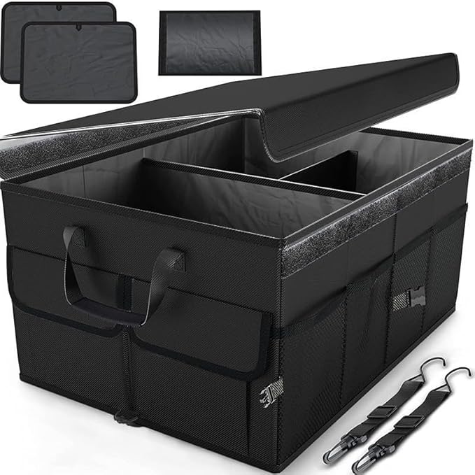 Large Car Trunk Organizer with Lid – Foldable Collapsible Storage Box, Heavy Duty, Multi-Compartment, Non-Slip Bottom, Durable Car Storage Organizer for SUV, Truck & Auto Accessories