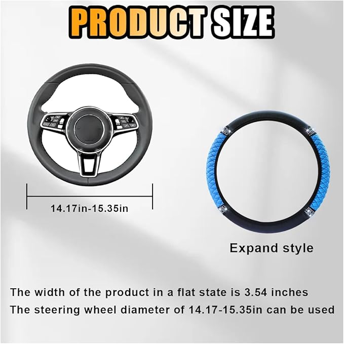 Bling Soft Leather Steering Wheel Cover, 15 Inch Colorful Rhinestones Auto Elastic Protector with Crystal Diamond for Women Girls, Car Accessories for Most Cars, SUVs (Blue)