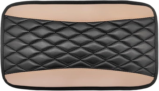 Car Center Console Cushion Pad, Universal Leather Waterproof Armrest Seat Box Cover, Comfortable Auto Armrest Cover Protector, Car Interior Decor Accessories for Most Vehicles (Black & Beige)