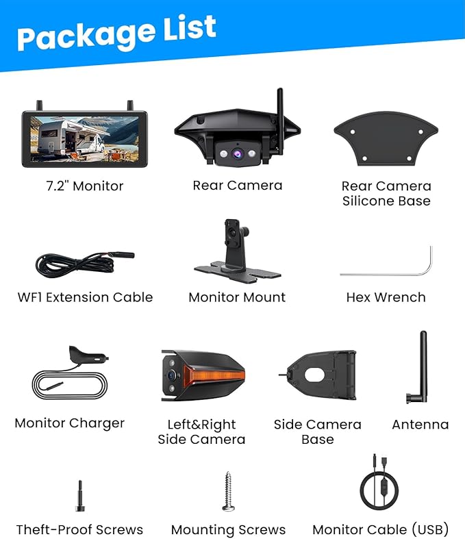 AUTO-VOX Wireless RV Backup Camera: Rear&Side View with 7.2” HD 1080P Triple-Split Screen Monitor, Dual Power USB/Car Charger, DVR Recording, Stable Signal Rear View Camera for Camper, Travel Trailer
