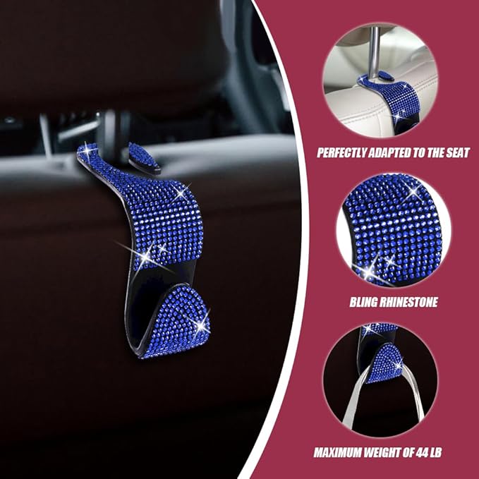 2 Pack Car Seat Headrest Hook, Bling Car Hooks Front Seat, Back Seat Organizer Hanger Storage Hook Car Purse Hook for Bags, Clothes, Coats, Grocery Bags (Blue)