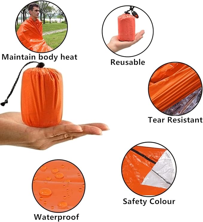 2 Pack Emergency Sleeping Bag, Mylar Emergency Blanket, Waterproof Lightweight Survival Shelter Blanket, Portable Survival Thermal Bivy Sack for Outdoor Camping Hiking Adventure