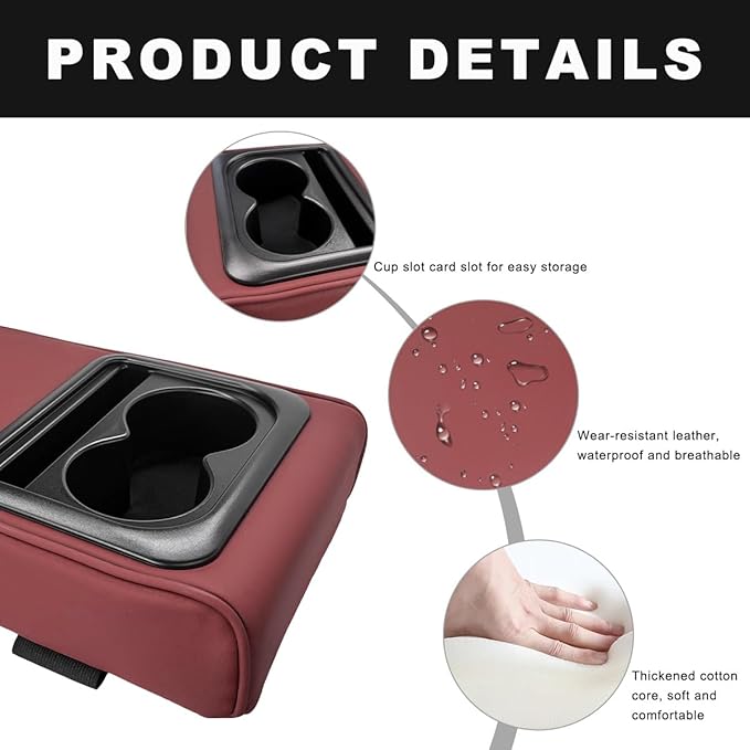 Car Center Console Armrest Pillow, 14"×8.3" Waterproof Leather Armrest Box Cover with Cup and Phone Holder, Soft Memory Foam Arm Rest Console Pad Protector for SUV Truck (Wine Red, Glossy)
