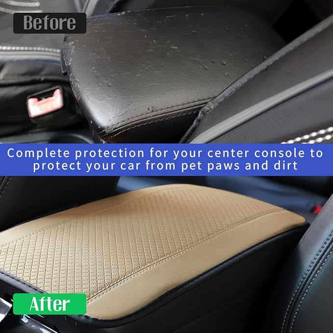 Ziciner Leather Car Center Console Armrest Pad, PU Waterproof Auto Seat Box Cover Protector, Hand Rest Cushion Protection Pad, Vehicles Interior Accessories Universal for Car,SUV (Beige)