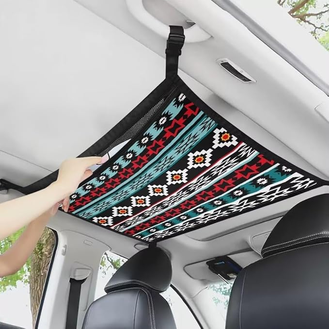 Car Roof Storage Bag Tribal Grid Print Hanging Car Storage Bag Premium Car Seat Organizer Inner Car Accessories Compatible with Most Vehicles