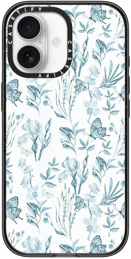 CASETiFY Impact iPhone 17 Case [Slim/Compatible with Magsafe / 8.2 ft. 4X Military Grade Drop Protection] - Elegant Pastel Blue Vintage Butterfly Floral - Clear Black
