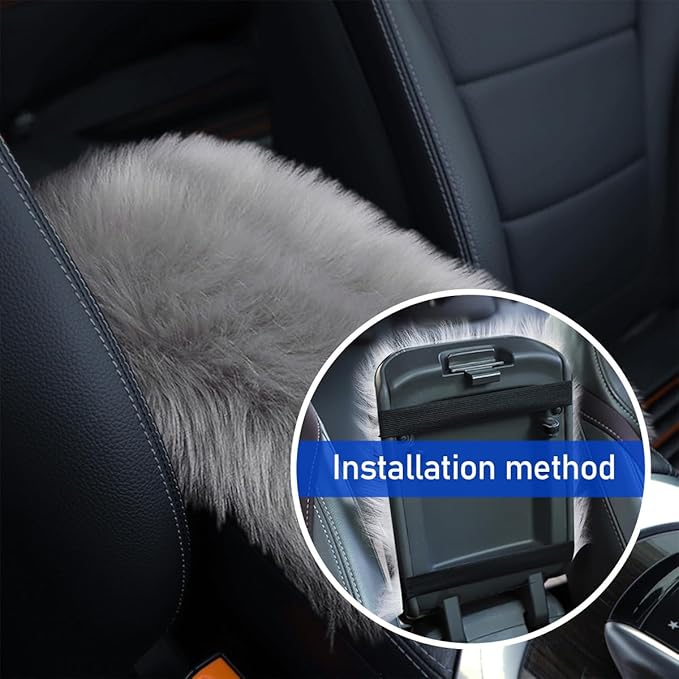 Furry Car Center Console Cover, 11.8"×7.9" Sheepskin Wool Armrest Box Cushion Pad, Comfort Soft Auto Center Console Protector, Interior Decor Accessories for Most Vehicles (Light Gray)