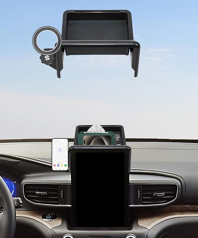 Car Phone Holder for 2019 2020 2021 2022 2023 2024 Ford Explorer Accessories Apply to 10.1 in Screen Fixed Clip Magnetic Cell Phone Mount 360 Degree Rotation with Dashboard Storage Tray