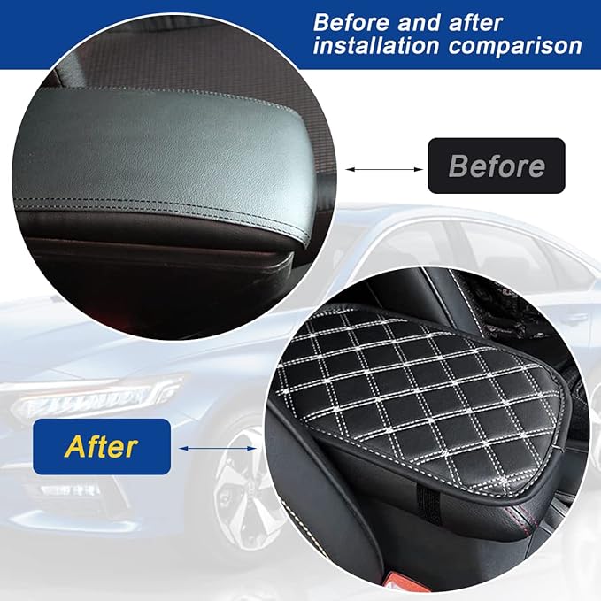 Ziciner Leather Car Center Console Armrest Pad, PU Waterproof Auto Seat Box Cover Protector, Hand Rest Cushion Protection Pad, Vehicles Interior Accessories Universal for Car,SUV (Black-White Line)