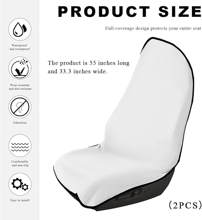 2PCS Car Towel Seat Cover, Waterproof Sweating Non-Slip Premium Soft Towel Carseat Protector, Universal Machine Washable Car Truck SUV Front Seat Cover for Gym Workout Beach Hiking (White)