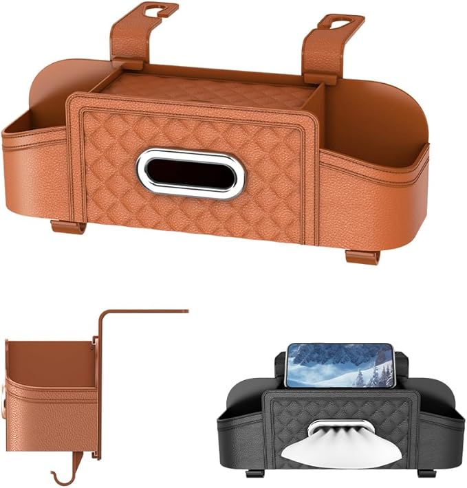 3-in-1 Car Backseat Organizer with Cup Holder Tissue Box and Hooks, Multifunctional Car Seat Back Storage Box, Car Headrest Backseat Organizer for Travel SUV Sedan Truck Car Accessories (Orange)