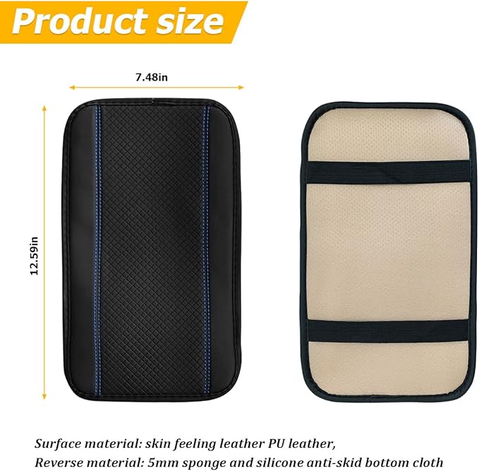 Car Armrest Seat Box Cover, Comfortable Leather Automotive Center Console Cushion Pad, Soft Waterproof Vehicle Arm Rest Protector Mat Accessories, Universal for RV, SUV, Truck (Black/Blue)