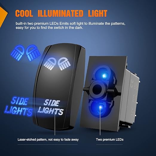Nilight Side Lights Rocker Switch Led Light Bar 5Pin Laser On Off SPST switches 20A/12V 10A/24V Blue with Jumper Wires Set for Cars Trucks RVs