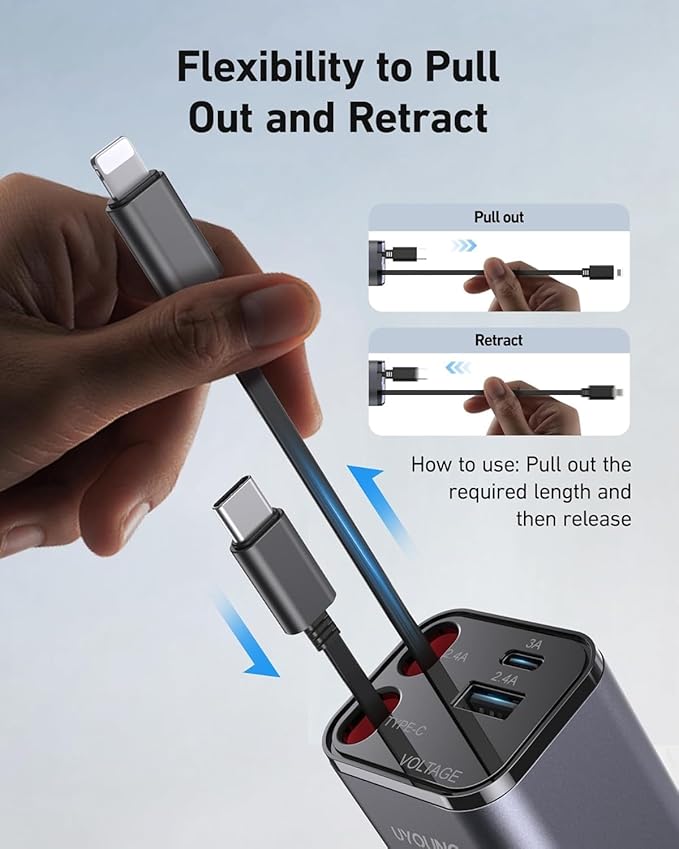2Pack iPhone Car Charger Retractable Fast Phone Chargers, 4 in 1 Car Charger Cigarette Lighter Adapter with 2 Cables 30 Inch and 2 USB Ports, for iPhone 17/16/15/14/13/Pro, Gifts for Women Men
