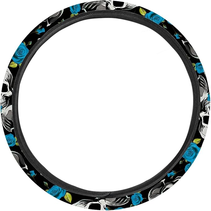 AFPANQZ Skulls Print Car Steering Wheel Cover Stretch-on Fabric Neoprene Comfortable Grip Automotive Steering Wheel Protector Adult Anti-Slip Universal 15 inch Machine Washable Gray