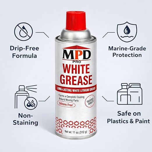 MPD PRO White Lithium Grease Spray, Marine-Grade Drip-Free Lubricant, Non-Staining High-Solid Formula for Garage Doors, Hinges, Chains & Automotive Use – 11 oz (6-Pack)