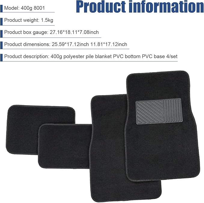 4 PCS Car Carpet Floor Mats, PVC Anti-slip Base Comfortable Carpet, Breathable Flame-retardant Floor Liner for All Weather, Interior Accessory for Cars SUVs Trucks (Black)