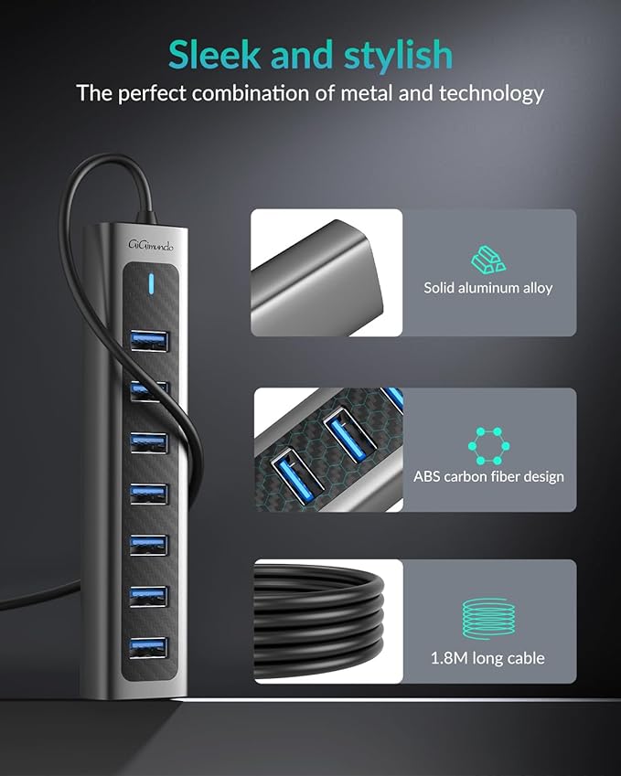 GiGimundo USB Hub 3.0, 8-Port USB Hub Long Cable 6 FT with 7-USB3.0 Data Ports and TypeC 5V/3A Power Port, Aluminum 5Gbps USB Splitter for PC, Laptop, Desktop, Computer, PS5, XPS(Gray,1.8M)