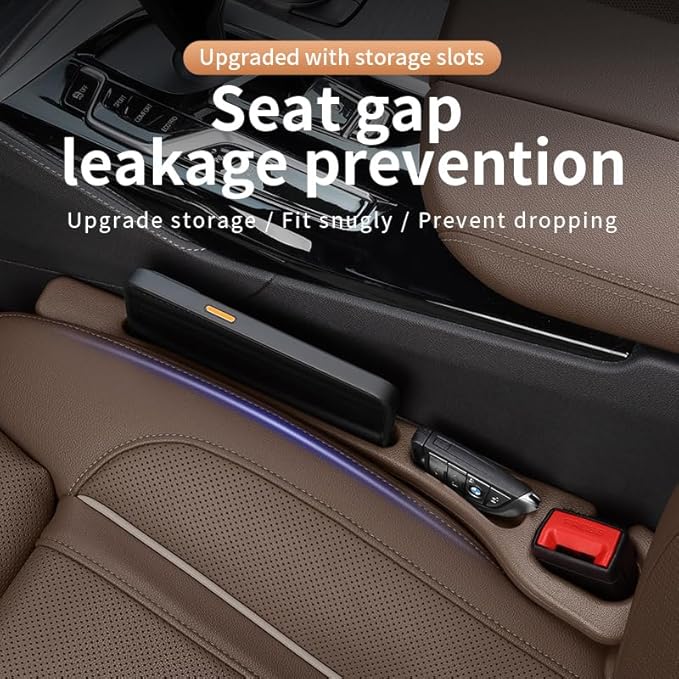 Car Seat Gap Filler 2 Pack, Universal Fit PU Leather Car Seat Gap Plug to Fill The Gap Between Seat and Console, Car Seat Crevice Blocker Stop Things from Dropping (Brown)