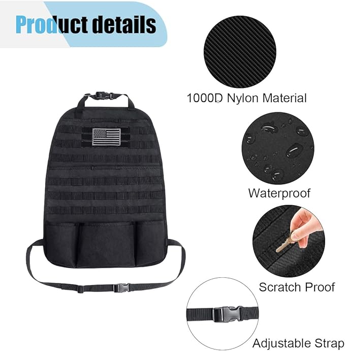 Car Seat Back Organizer, Car Seat Cover Protector, Backseat Hanging Car Seat Storage Bag, Tactical Backseat Organizer Panel, Multipurpose Car Travel Accessories for Most Vehicles (Black, 2PCS)