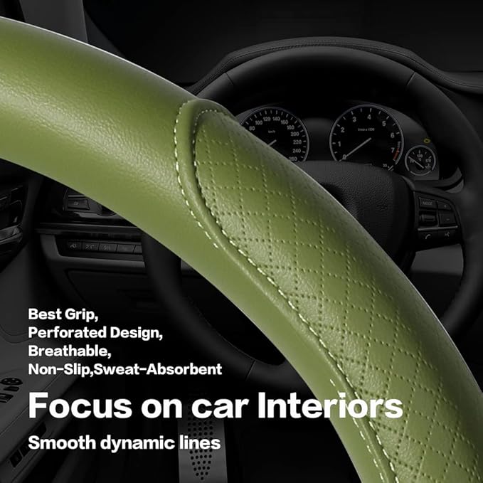 VARGTR Steering Wheel Cover - Microfiber Leather with Classic Embossing, Anti-Slip Breathable Fit 15 Inch Wheel Protector (Green)