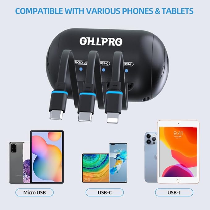 OHLPRO Retractable Backseat Car Charger [2 Pack], 3-in-1 Multi Car Charging Station with USB-C/USB-i/Micro-USB, 15W Fast Charging for iPhone, Samsung, Android, Headrest Mount for Uber Taxi Rideshare