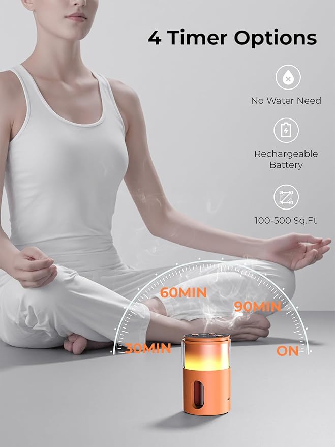 Waterless Diffuser for Essential Oil: Mini Battery Scent Diffuser for Room&Home&Car with 9 Colors LED Light - Portable Aroma Cool Mist Machine Bright Orange
