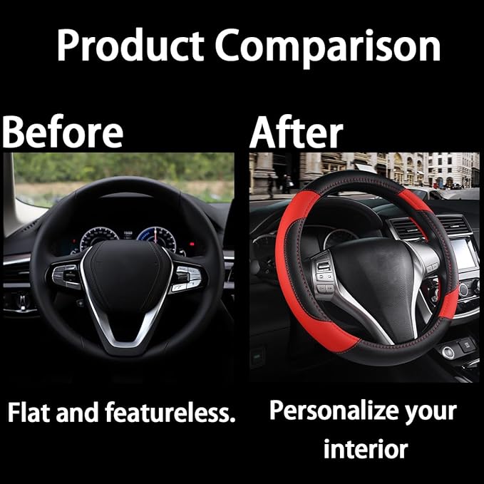 BELOMI Leather Car Steering Wheel Cover, Universal 15 Inch for Car Truck SUV, Non-Slip and Breathable, Sport Style Design Odorless Steering Wheel Protector, Automotive Interior Accessories (Red)