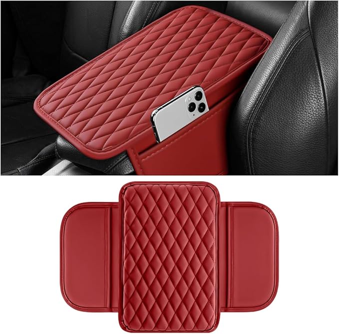 Car Armrest Cushion Pad, Leather Vehicle Center Console Cover with 2 Storage Bags, Non-Slip Automotive Interior Arm Rest Seat Box Cover Accessories, Universal for SUV RV Sedan (Rose Red)