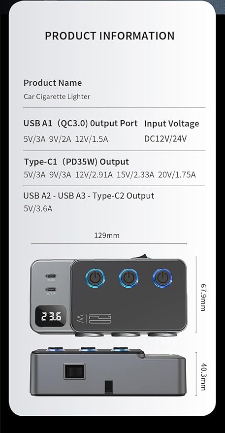 8-in-1 Car Cigarette Lighter Splitter, QC3.0 3 USB Ports & 2 Type-C PD 35W Fast & Safe Charging,3 Sockets with Independent/ Master Switches, Real-Time Voltage Display, Smart Trickle Charging, 12-24V