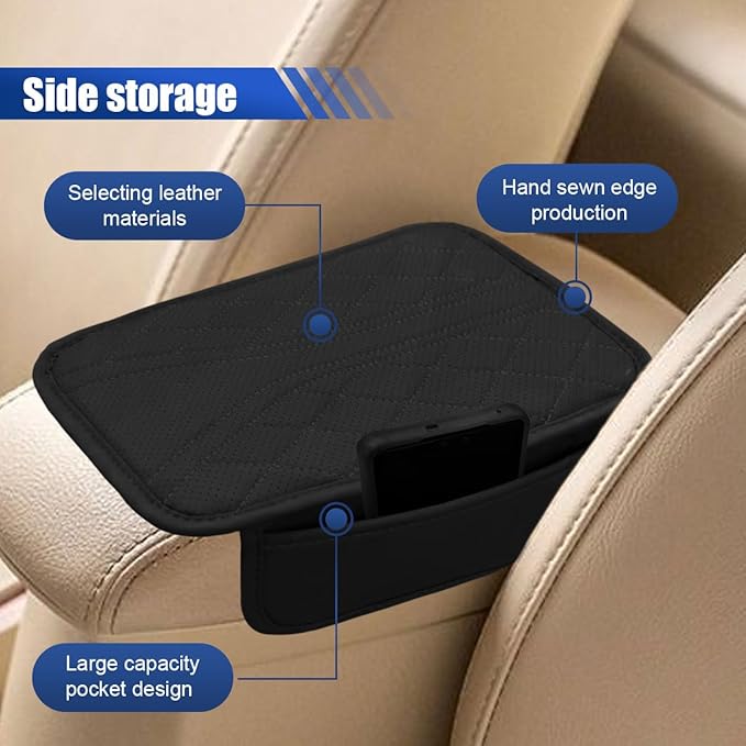 Car Center Console Cover with 2 Storage Bags - Leather Car Armrest Cushion Pad Vehicle Middle Console Cover, Universal Armrest Seat Box Protector Auto Interior Accessories for SUV, Truck, Sedan(Black)