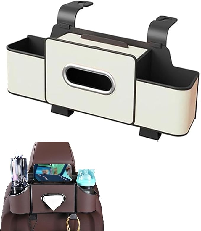 Car Organizers and Storage Box, Multifunctional Car Organizer and Storage Box Back Seat, 3-in-1 Holder Tissue Dispenser, Phone Stand for Snacks, Drinks, Bag Hook, Keep Tidy & Organized (White)