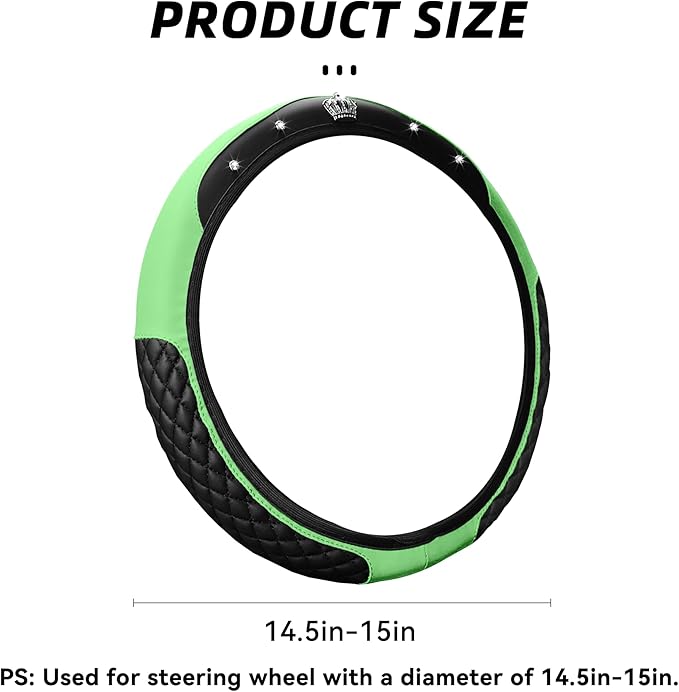 Bling Car Steering Wheel Cover, Diamond Leather Crystal Rhinestones Vehicles Steering Wheel Protector, Sparkling Anti-Slip Automotive Interior Decoration Accessories, Universal Fit (Green)