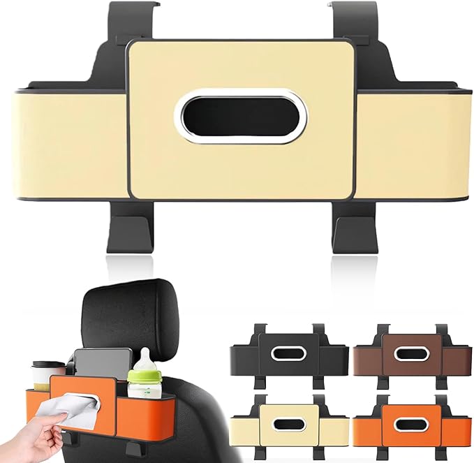Car Organizers and Storage Box, 2026 New Multifunctional Car Seat Back Storage Box, Multifunctional Car Back Seat Storage Organizer-Carstorage Bag with 2 Cup Holders, Tissue Box, Hooks (Beige)