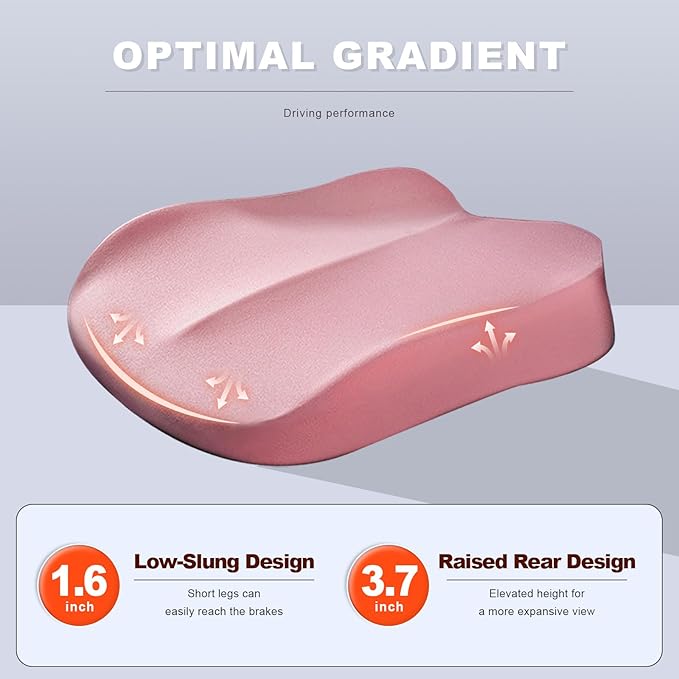 Car Seat Cushion, Ergonomic Memory Foam Auto Seat Boost Mat for Short People Driving, Non-Slip Driver Seats Height Cushion Office Chair Pillow for Tailbone Back Pain Relief (Pink)
