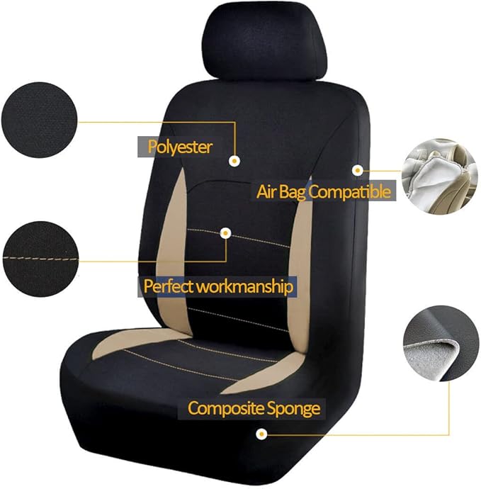 Flying Banner Car Seat Covers Set Beige Tan Front Seats Rear Bench Polyester car seat Protectors Easy installations Rear Bench Split Classic Man Lady