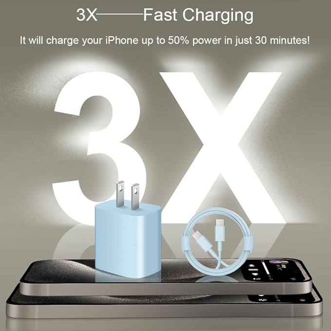 iPhone 17 16 15 Charger Fast Charging 2+2Pack 20W USB C Wall Charger with 6FT Fast Charging Cable Compatible with iPhone 17/17 Air/17 Pro/17 Pro Max/iPhone 16/15 Series, iPad Pro/AirPods - Blue