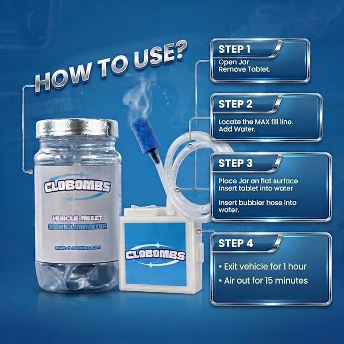 Odor Eliminator for Car Kit - Advanced Chlorine Dioxide Odor Removal Neutralizes Smoke, Pet Urine, Mildew & Skunk Odors in 1 Hour - Includes Bubbler System