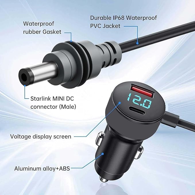 Car Charger for Starlink Mini, 3-in-1 DC Power Cable with 10FT Cord, 12V-48V Cigarette Lighter Adapter, 140W USB-C + 35W USB-A, Digital Voltage Display, for Car/RV/Boat