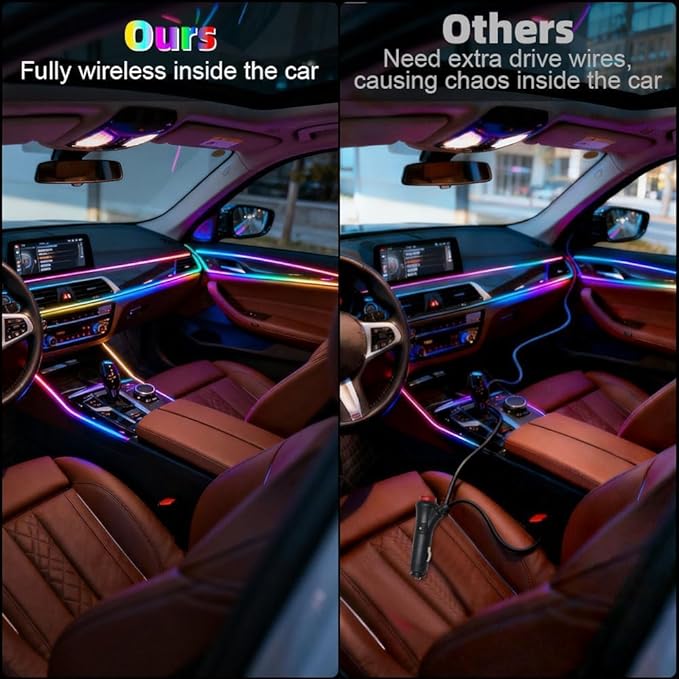 Acrylic Interior Car LED Strip Light with Wireless APP, RGB 18 in 1 with 175 inches 593 LEDs Fiber Optic Ambient Lighting Kits, 16 Million Colors Sound Active Function Car Neon Lights