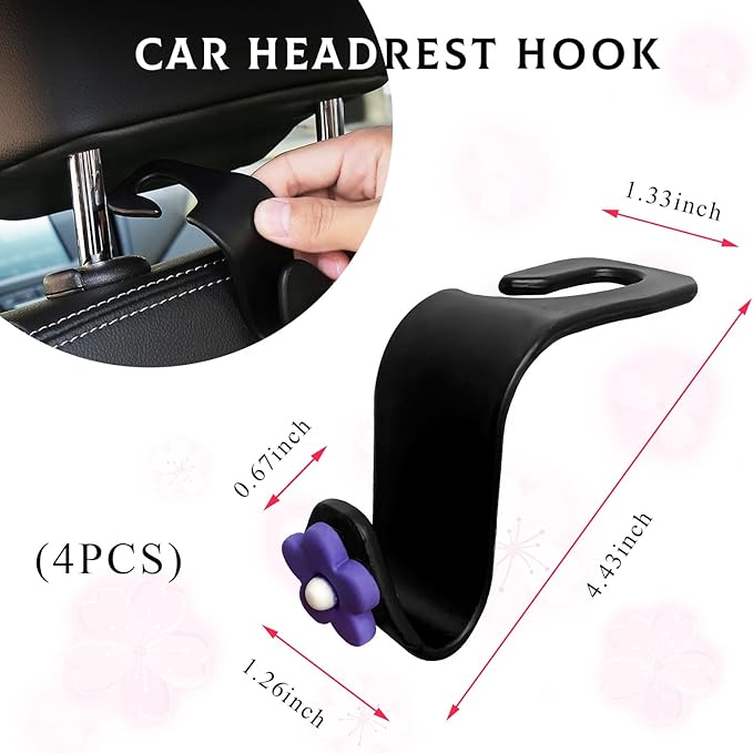 4 PCS Car Seat Headrest Hook, Plastic Headrest Hooks with Adhesive Flower, Auto Back Seat Hanger Storage Hook for Grocery Bag Purse Handbag Umbrella, Car Accessories (Purple)