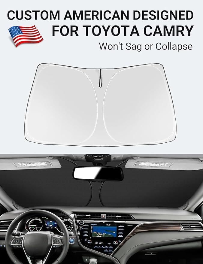 Proadsy 2026 Upgrade Windshield Sun Shade Custom Fit 2018-2025 2026 Camry LE XLE Hybrid SE XSE 4-Layer Foldable Front Sunshade Protector Sun Visor Blocks UV Rays Keep Car Cooler